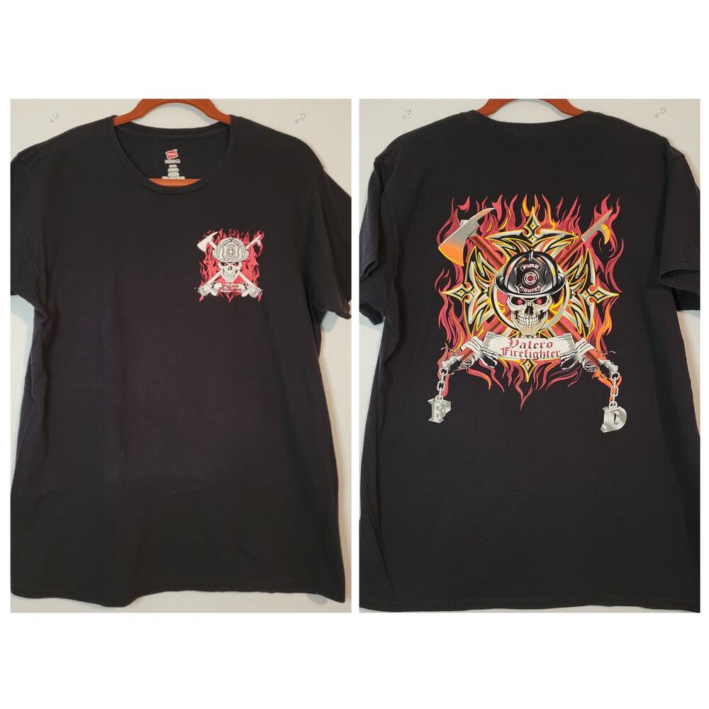 Valero Firefighter short sleeve crew neck graphic tshirt sz L black Hanes Nano-T
